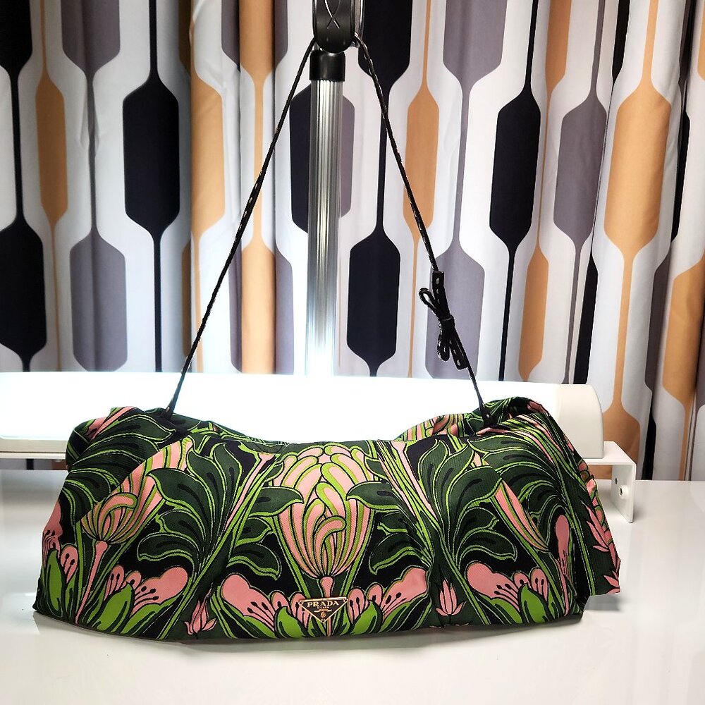 Rare Vintage Prada Medium Clutch in Pink Tulip Green Floral Silk Fabric